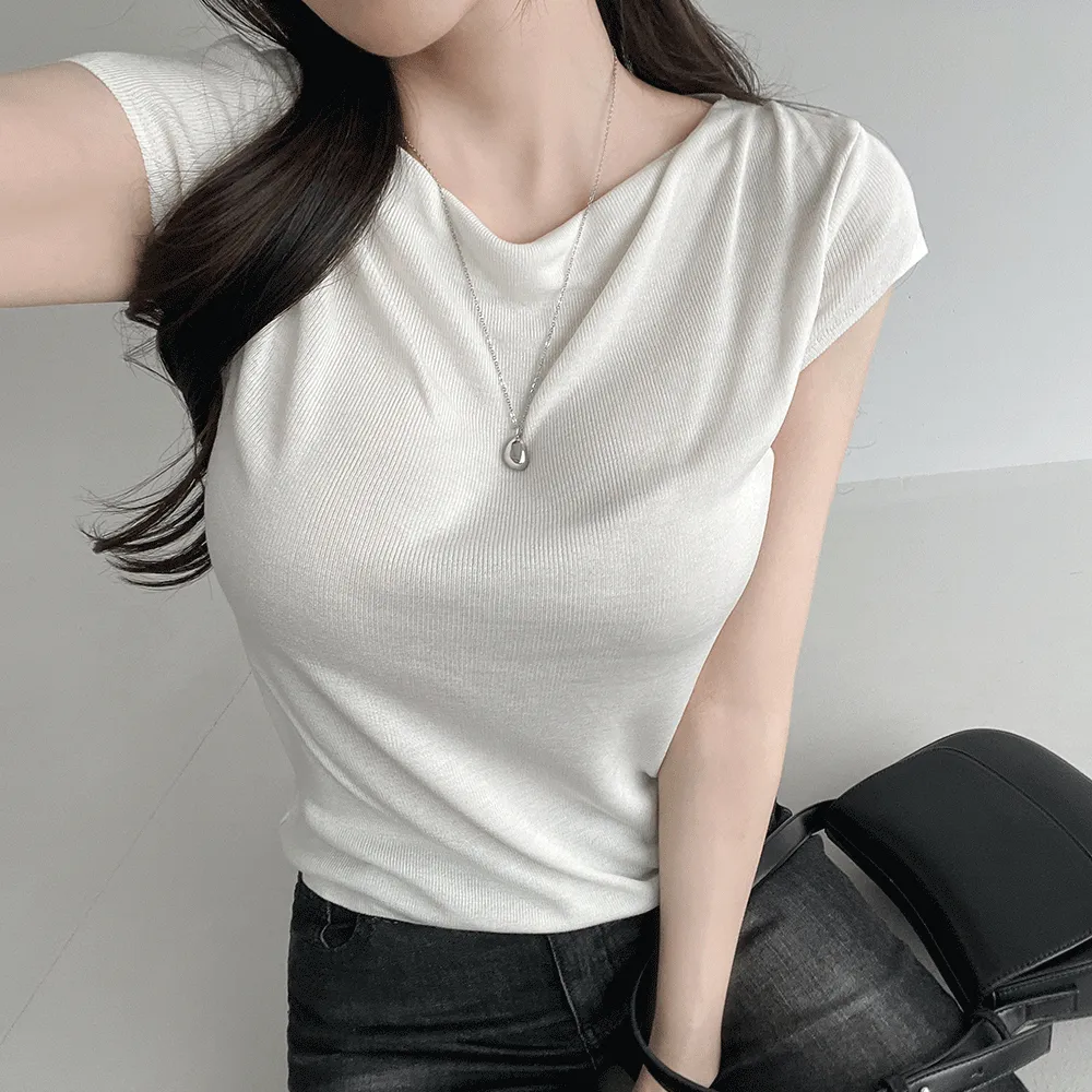 クールソフトリブ半袖ボートネックフレンチスリーブスリムニットTシャツ | ganadaran | 詳細画像1