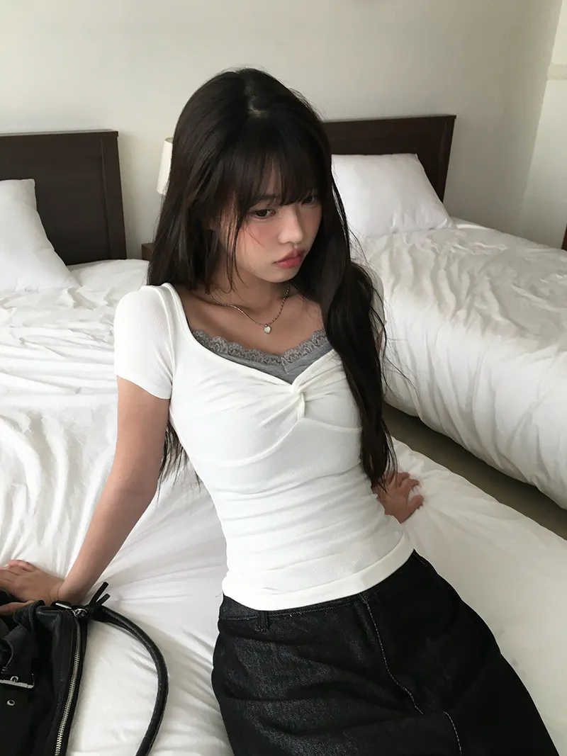ドローストリングクロップドスリムレースオールシーズンキャミソール | anyonemore | 詳細画像1