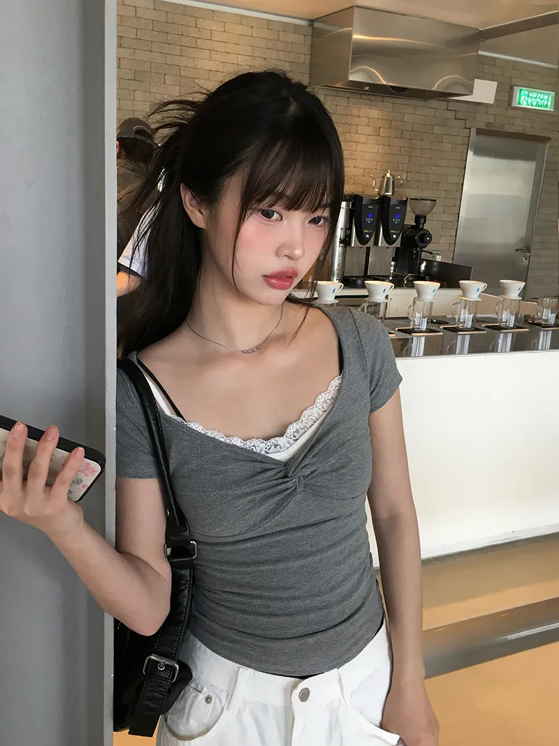 リブハートネックスリムギャザーTシャツ | anyonemore | 詳細画像1