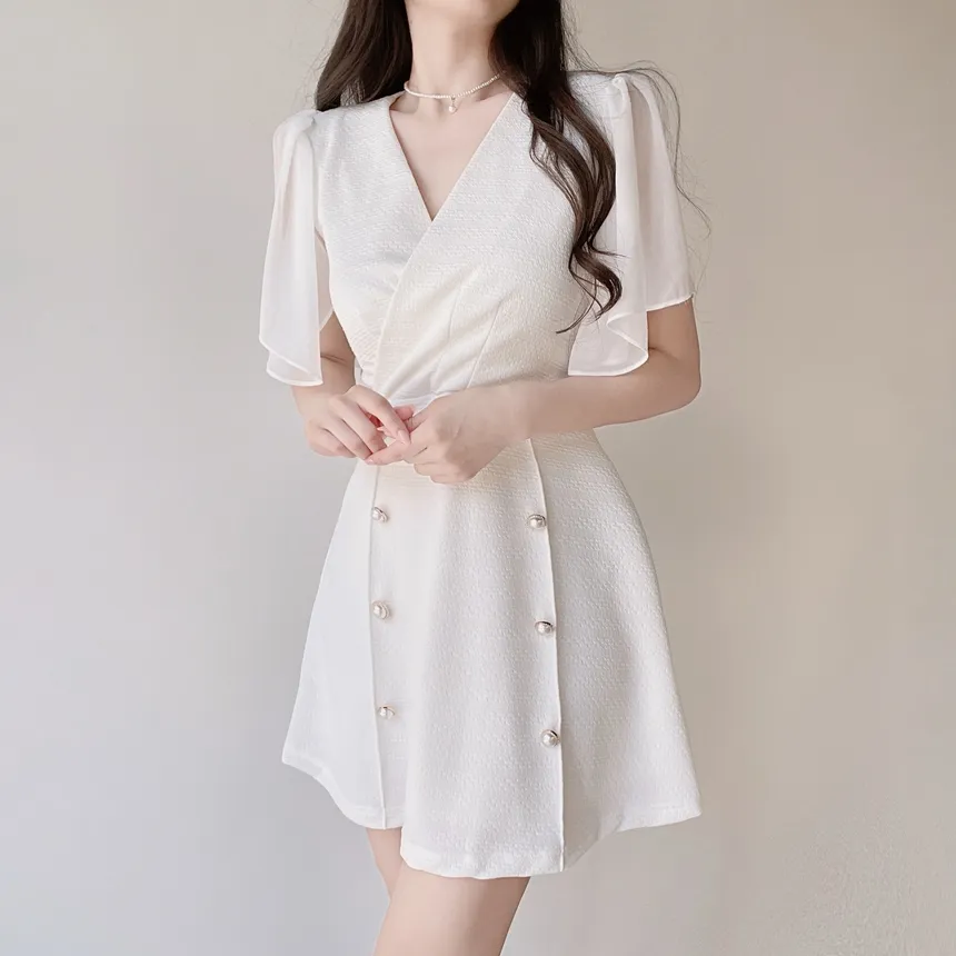 シフォンボタンジップアップVネックパール調ボタンラップ調半袖フレアミニスリム配色ワンピース | mirangmirang | 詳細画像6
