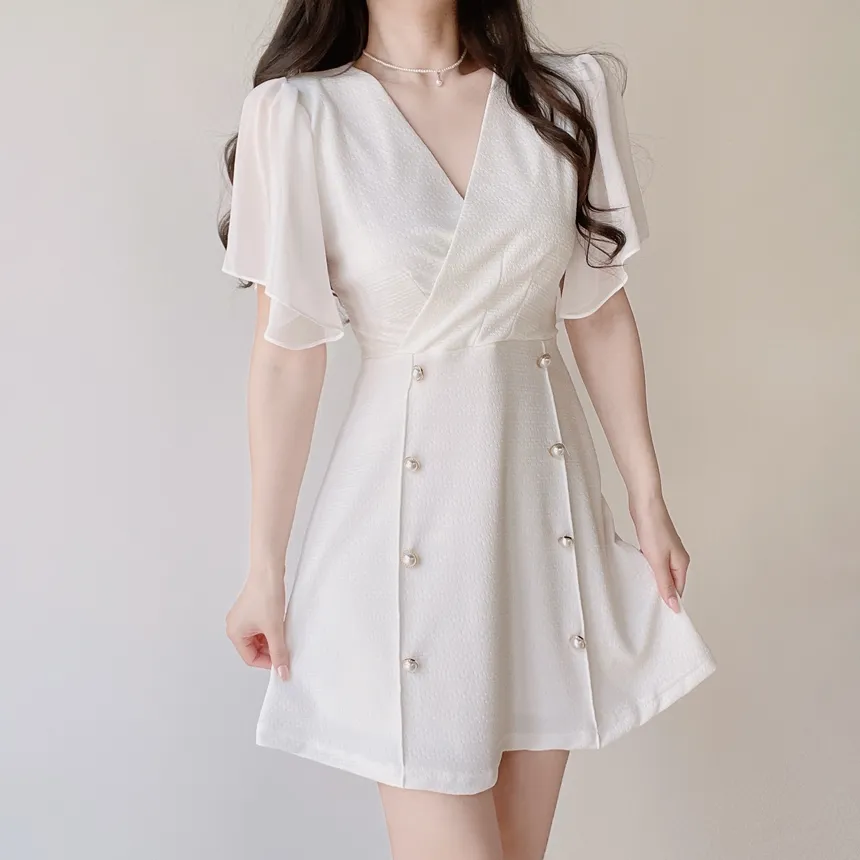 シフォンボタンジップアップVネックパール調ボタンラップ調半袖フレアミニスリム配色ワンピース | mirangmirang | 詳細画像8