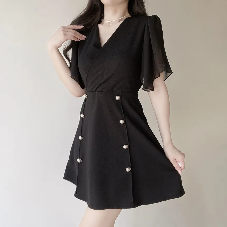シフォンボタンジップアップVネックパール調ボタンラップ調半袖フレアミニスリム配色ワンピース | mirangmirang | 詳細画像15