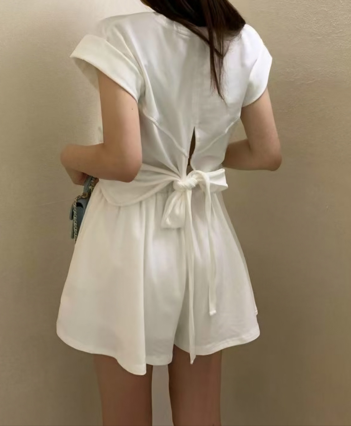 ラウンドネックドローストリングショート半袖ロールアップバックレスバックストラップセットアップTシャツショートパンツ | 詳細画像4