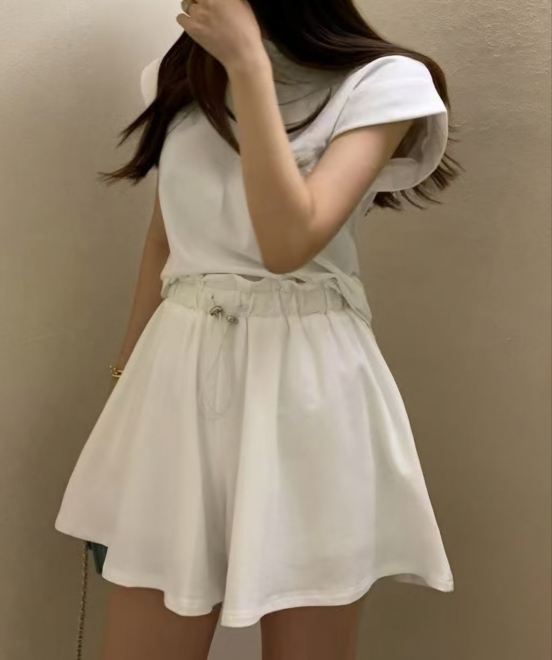 ラウンドネックドローストリングショート半袖ロールアップバックレスバックストラップセットアップTシャツショートパンツ | 詳細画像6