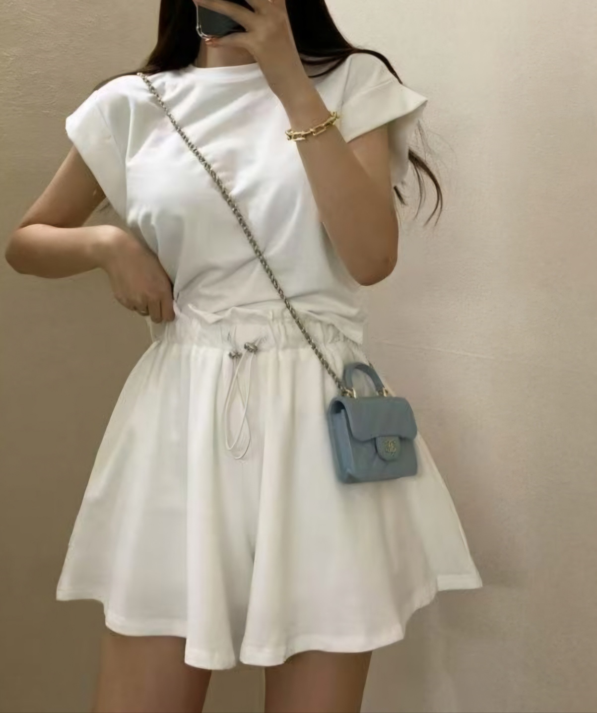 ラウンドネックドローストリングショート半袖ロールアップバックレスバックストラップセットアップTシャツショートパンツ | 詳細画像8