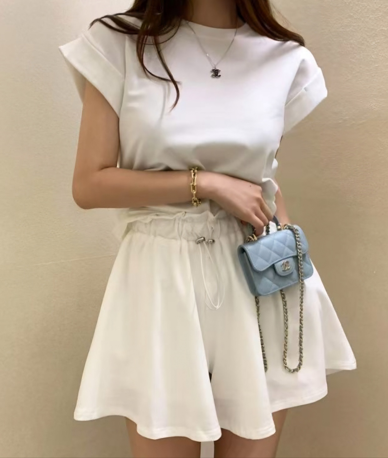 ラウンドネックドローストリングショート半袖ロールアップバックレスバックストラップセットアップTシャツショートパンツ | 詳細画像9