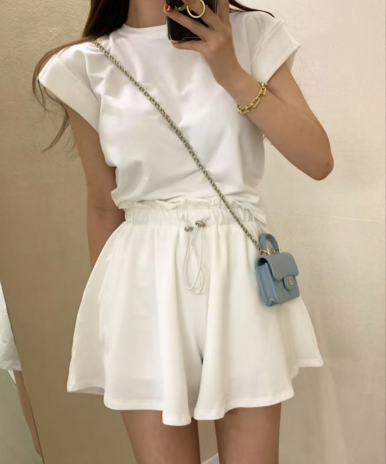 ラウンドネックドローストリングショート半袖ロールアップバックレスバックストラップセットアップTシャツショートパンツ | 詳細画像10