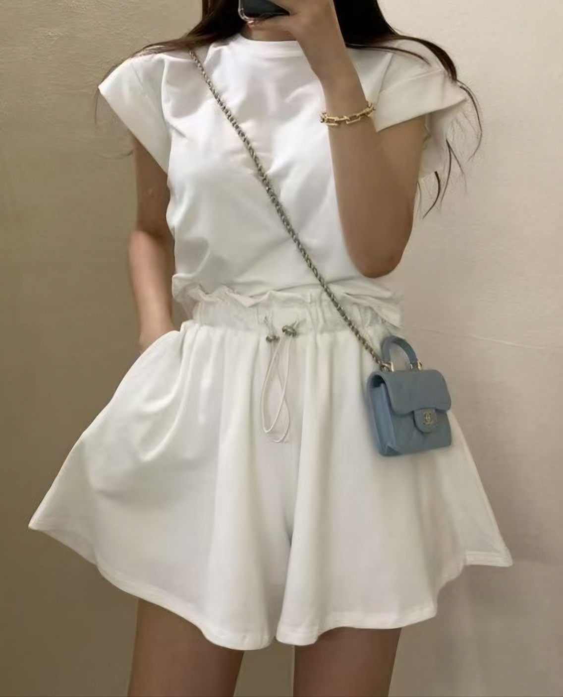 ラウンドネックドローストリングショート半袖ロールアップバックレスバックストラップセットアップTシャツショートパンツ | 詳細画像11