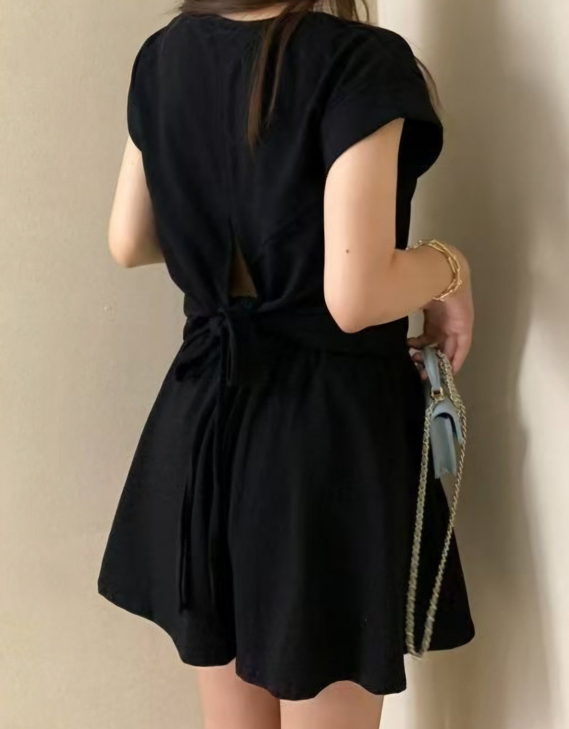 ラウンドネックドローストリングショート半袖ロールアップバックレスバックストラップセットアップTシャツショートパンツ | 詳細画像12