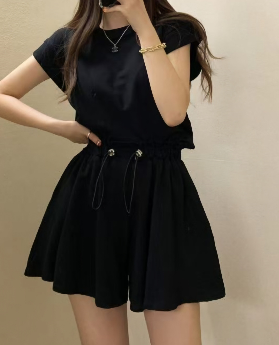 ラウンドネックドローストリングショート半袖ロールアップバックレスバックストラップセットアップTシャツショートパンツ | 詳細画像14