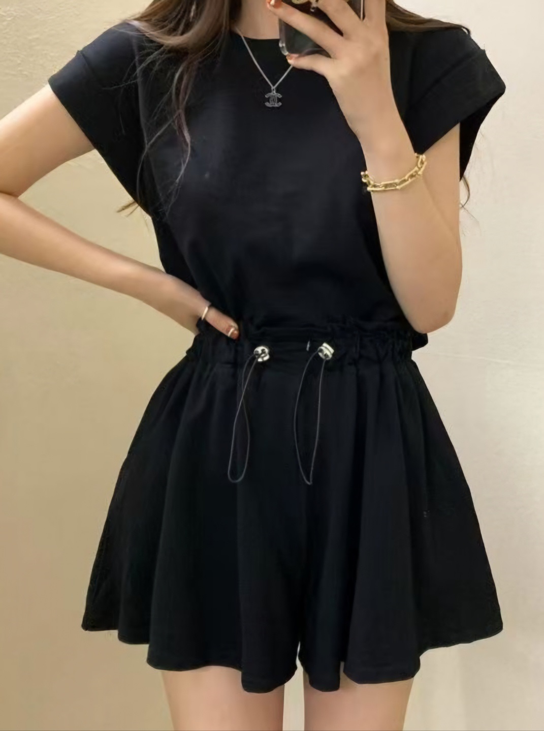 ラウンドネックドローストリングショート半袖ロールアップバックレスバックストラップセットアップTシャツショートパンツ | 詳細画像16