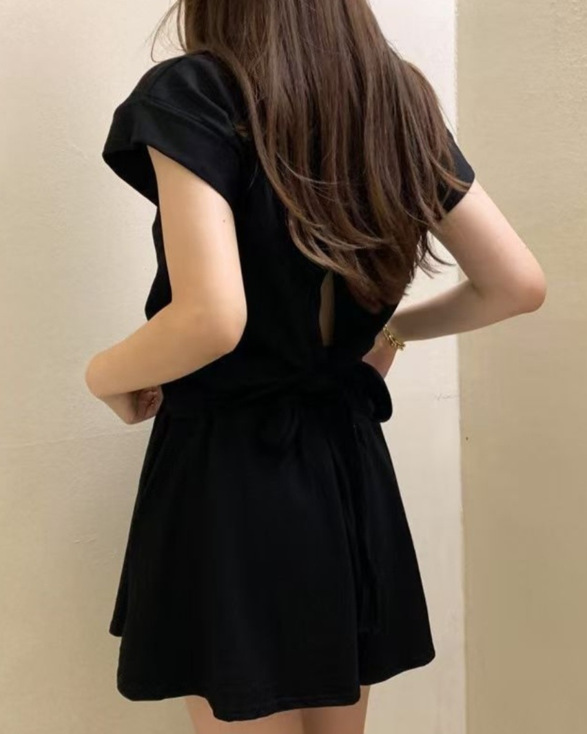 ラウンドネックドローストリングショート半袖ロールアップバックレスバックストラップセットアップTシャツショートパンツ | 詳細画像17