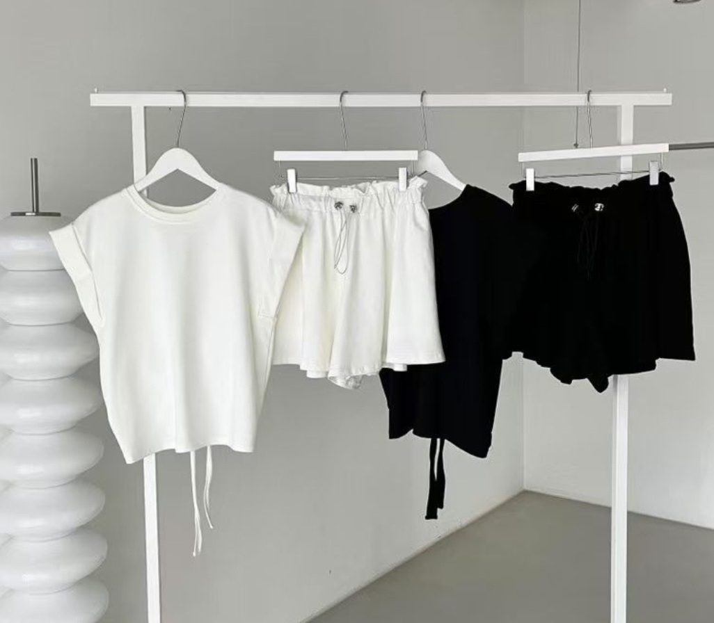 ラウンドネックドローストリングショート半袖ロールアップバックレスバックストラップセットアップTシャツショートパンツ | 詳細画像21