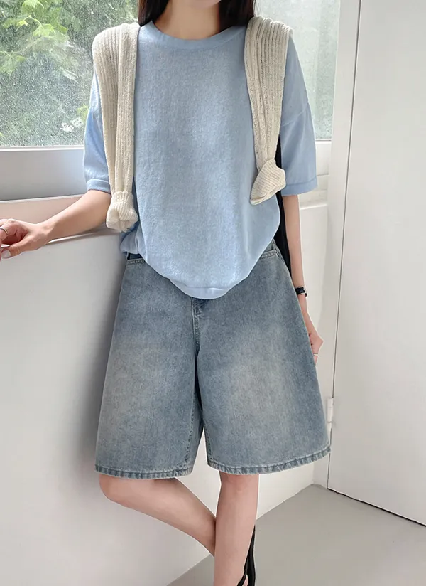 リネン混半袖ラウンドネックニット | crushj | 詳細画像1