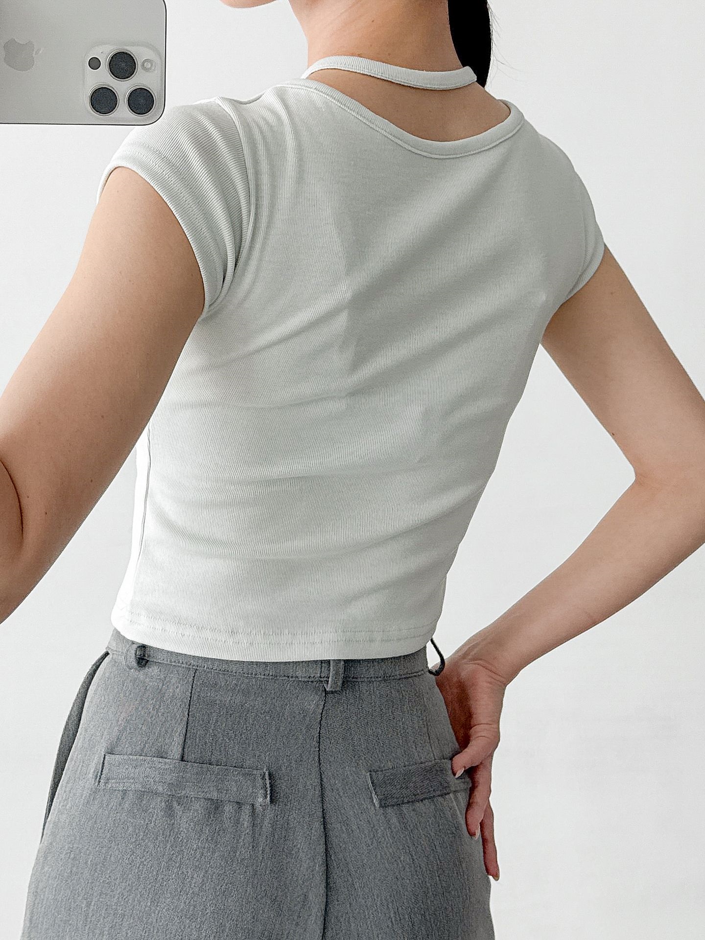 ストラップUネックフレンチスリーブクロップドスリム半袖Tシャツ | 詳細画像3