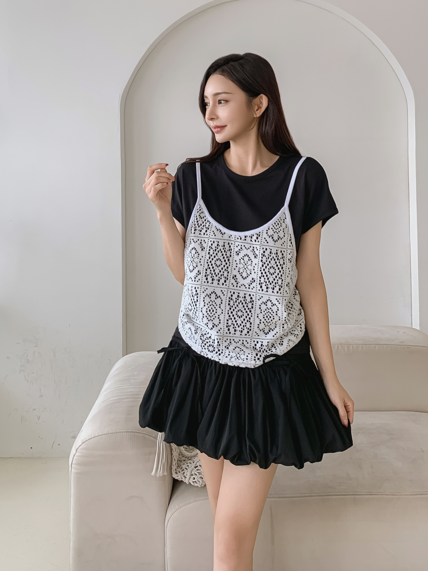 ニットラウンドネックスリムレイヤード風半袖ネットTシャツ | 詳細画像18