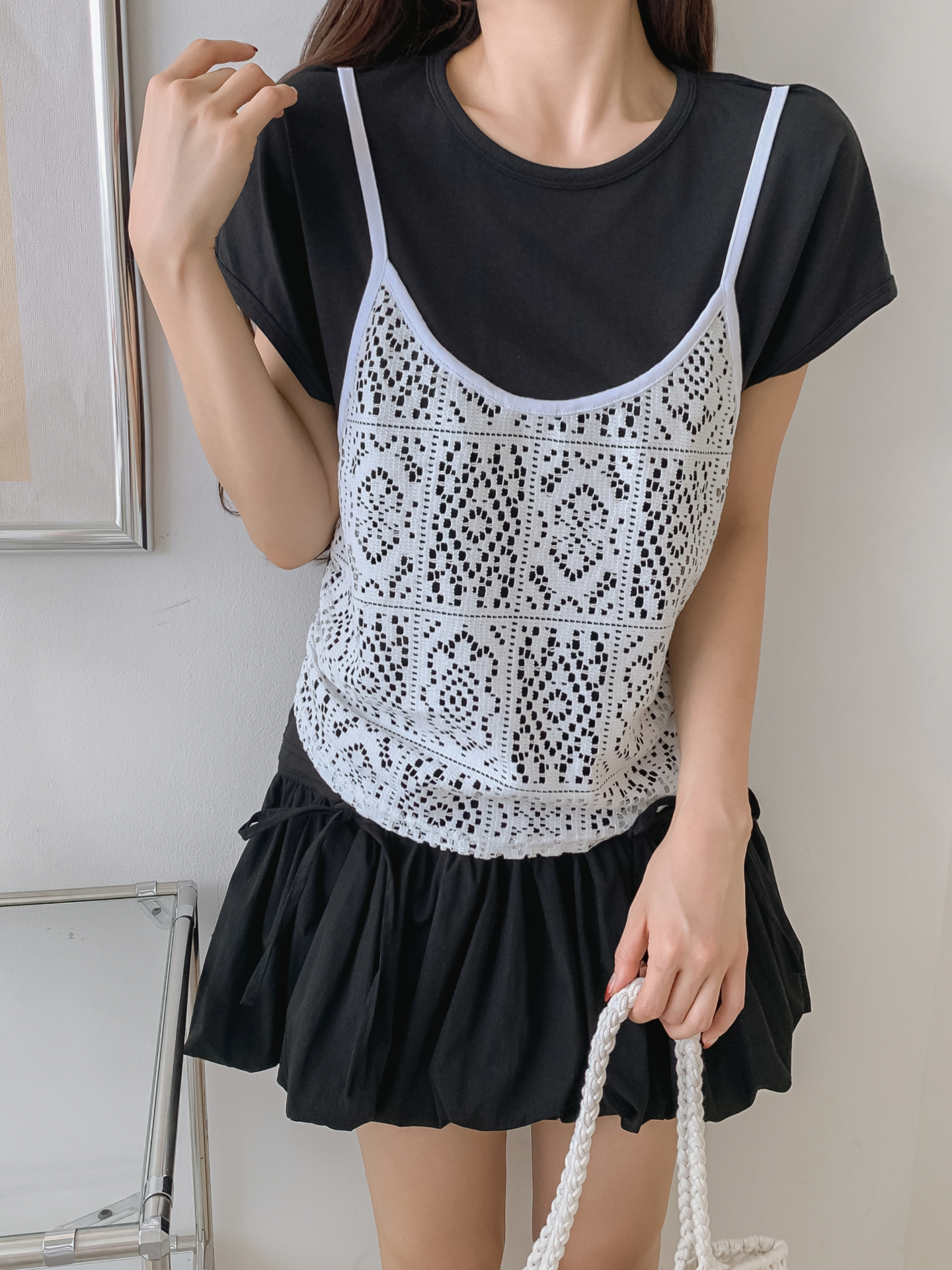 ニットラウンドネックスリムレイヤード風半袖ネットTシャツ | 詳細画像25