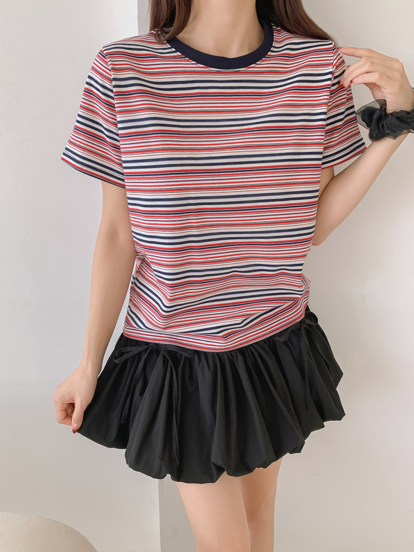 ラウンドネックスリム半袖ボーダー配色Tシャツ | 詳細画像11