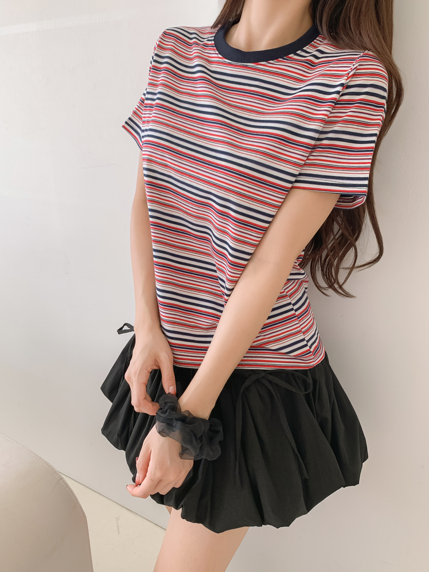 ラウンドネックスリム半袖ボーダー配色Tシャツ | 詳細画像12