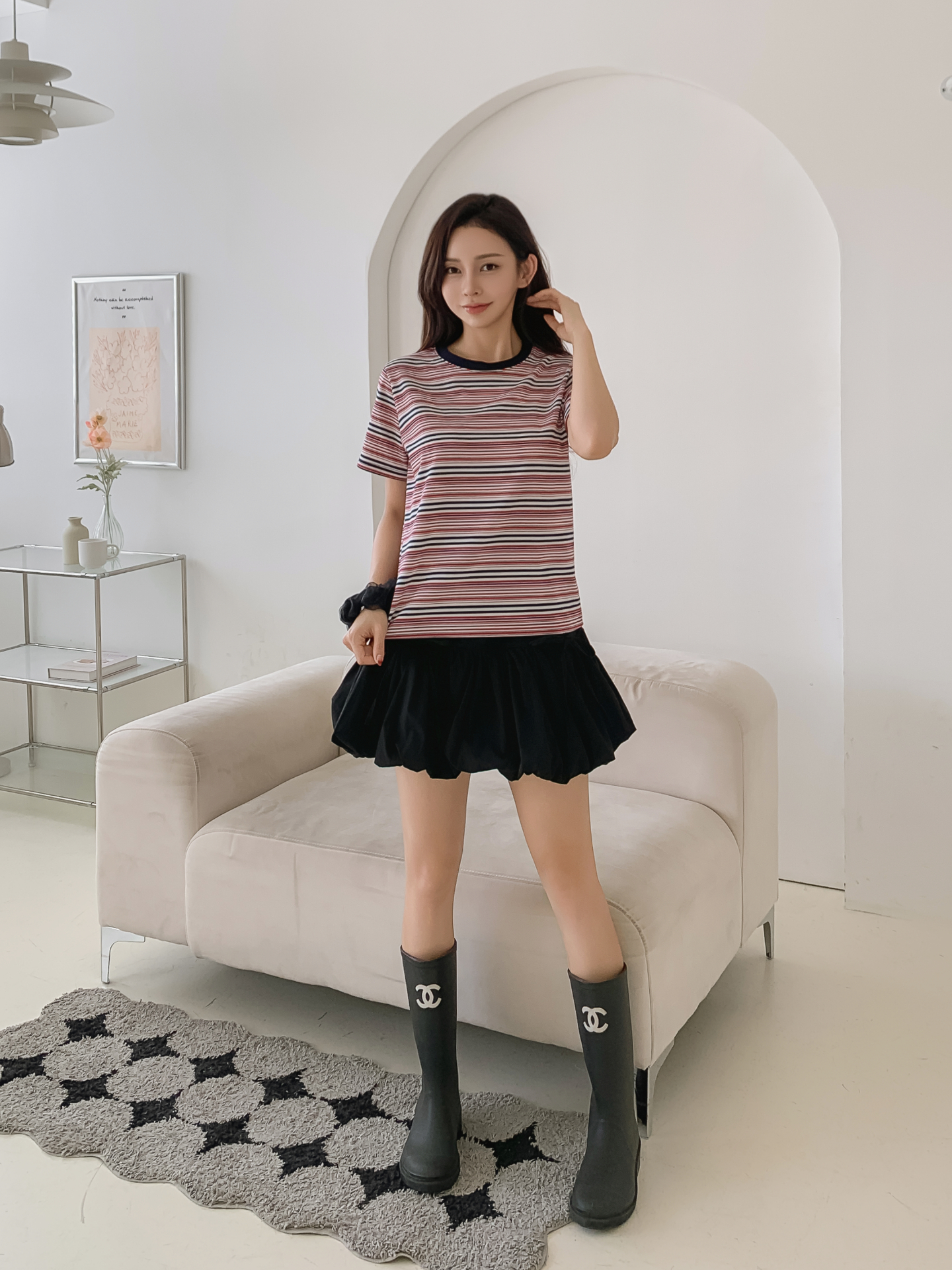 ラウンドネックスリム半袖ボーダー配色Tシャツ | 詳細画像7