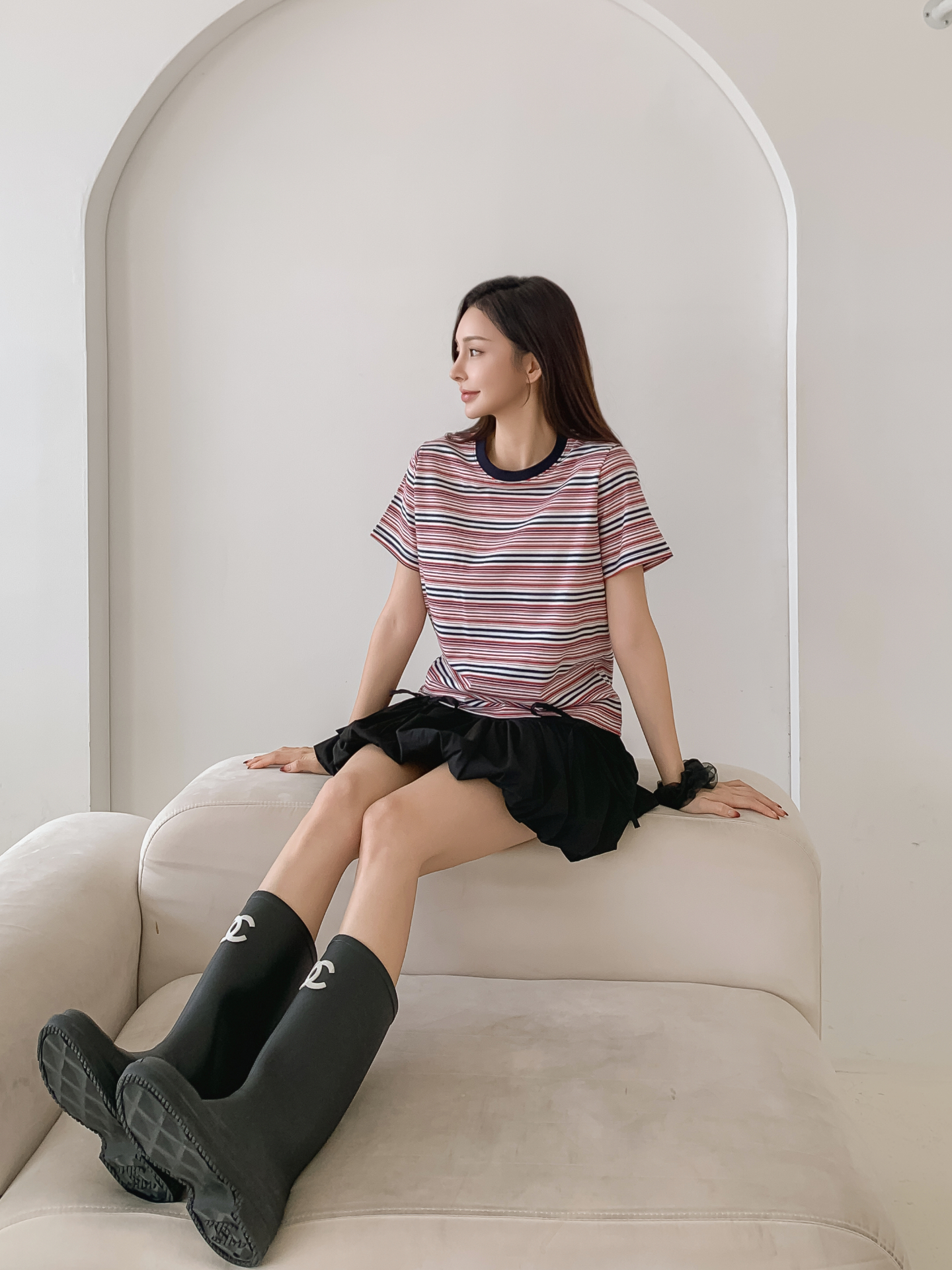 ラウンドネックスリム半袖ボーダー配色Tシャツ | 詳細画像13