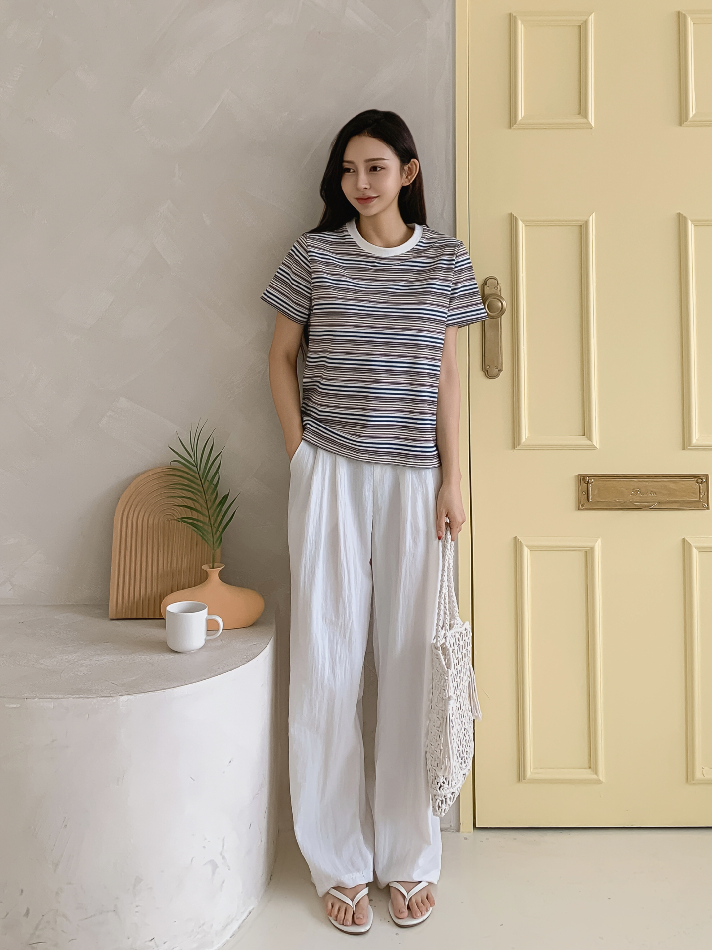 ラウンドネックスリム半袖ボーダー配色Tシャツ | 詳細画像18