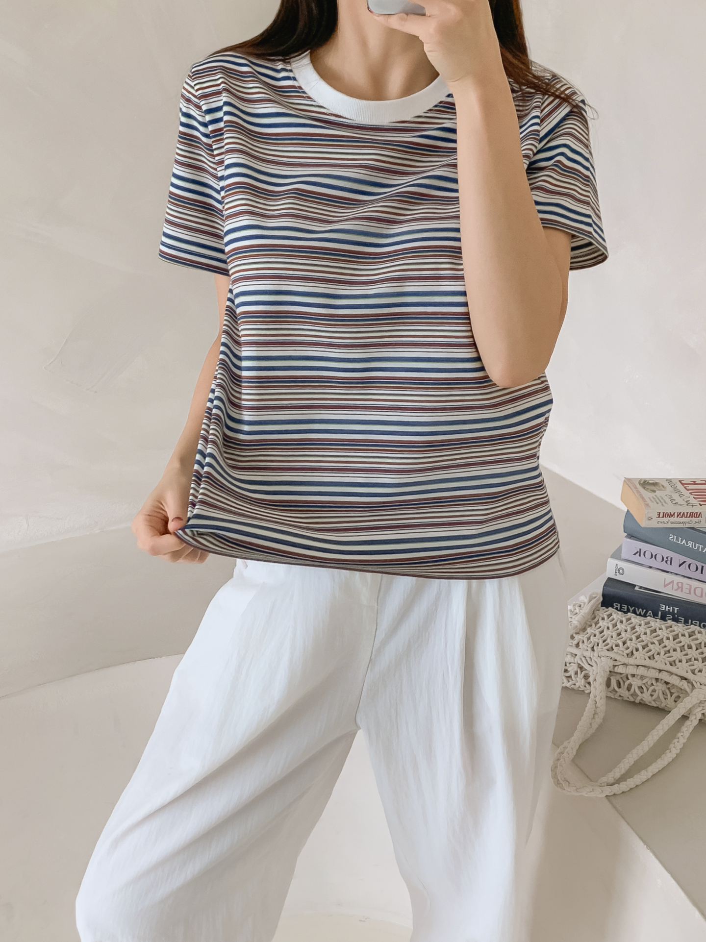 ラウンドネックスリム半袖ボーダー配色Tシャツ | 詳細画像33