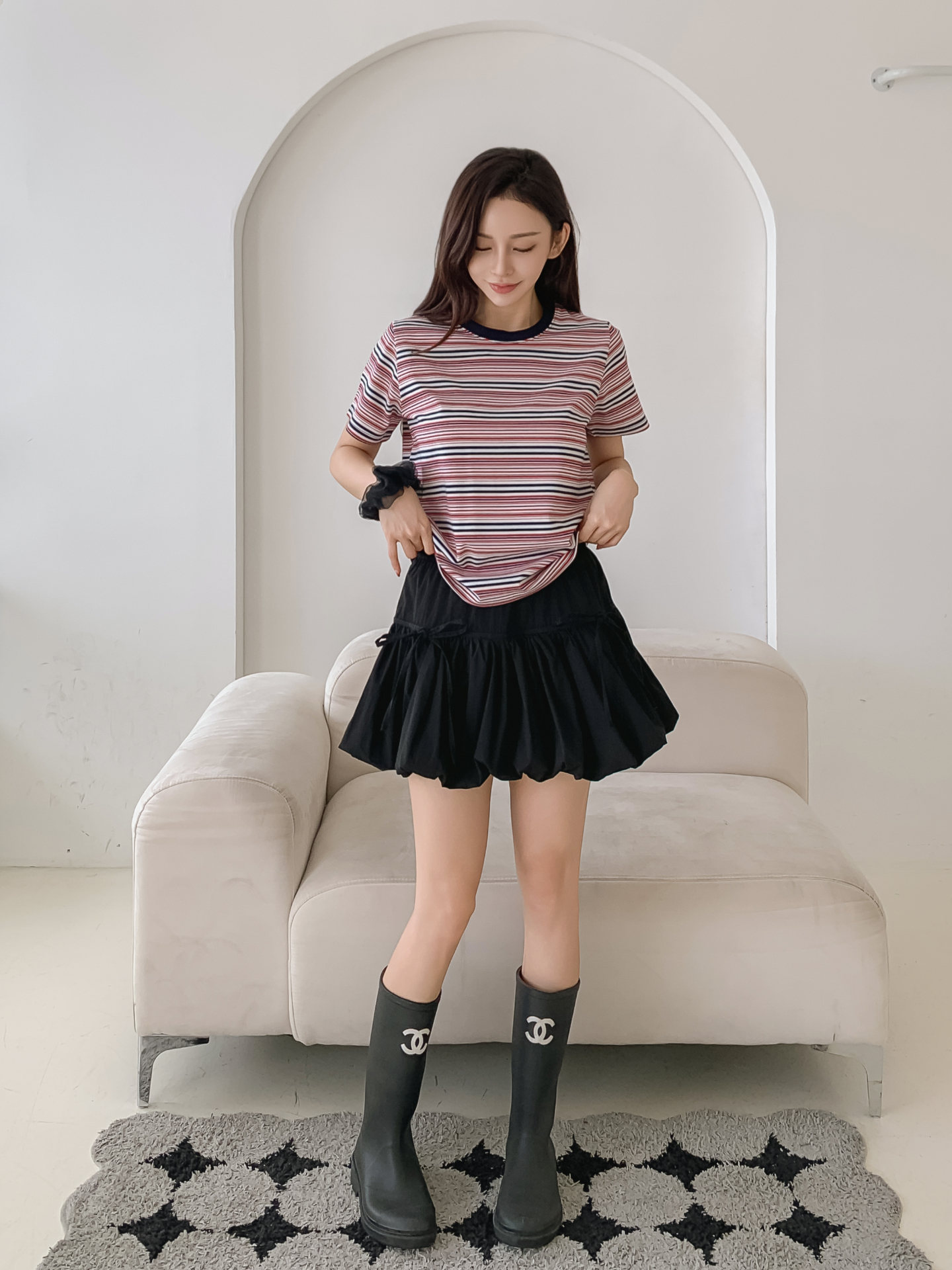 ラウンドネックスリム半袖ボーダー配色Tシャツ | 詳細画像2