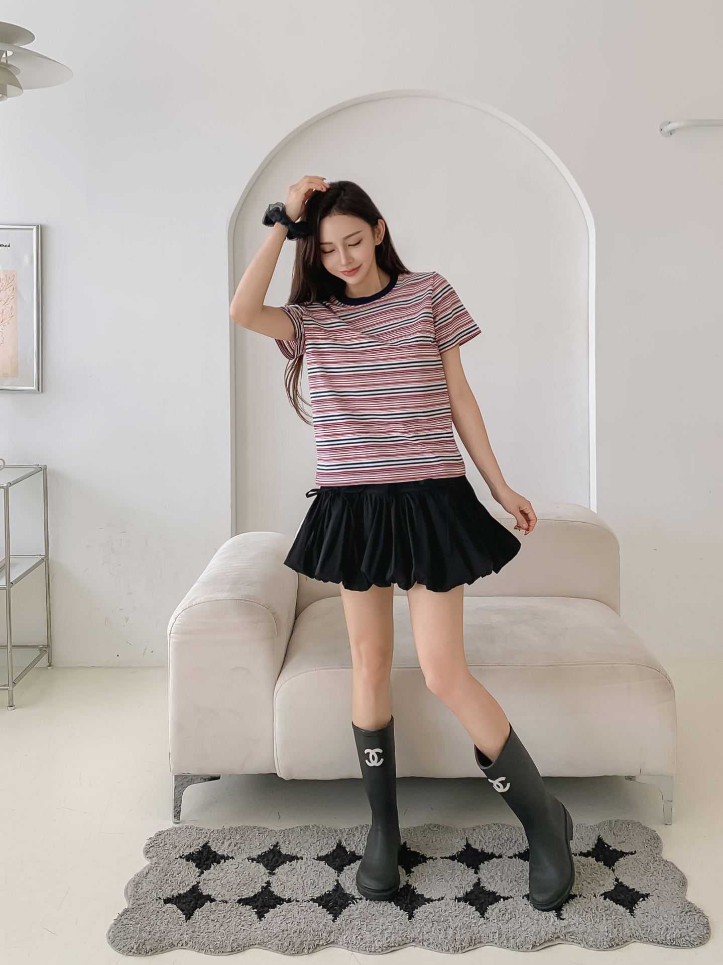 ラウンドネックスリム半袖ボーダー配色Tシャツ | 詳細画像8