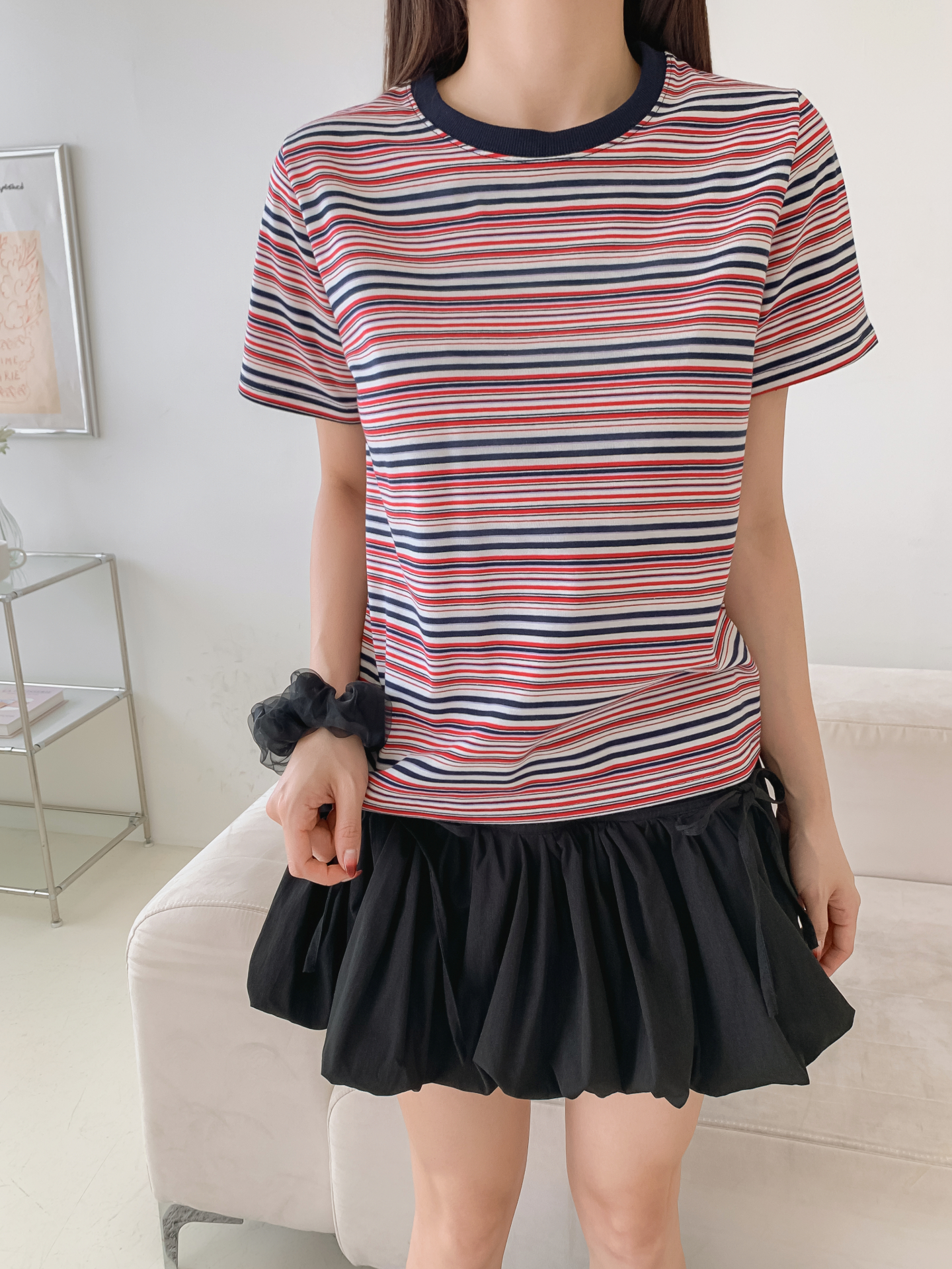 ラウンドネックスリム半袖ボーダー配色Tシャツ | 詳細画像10