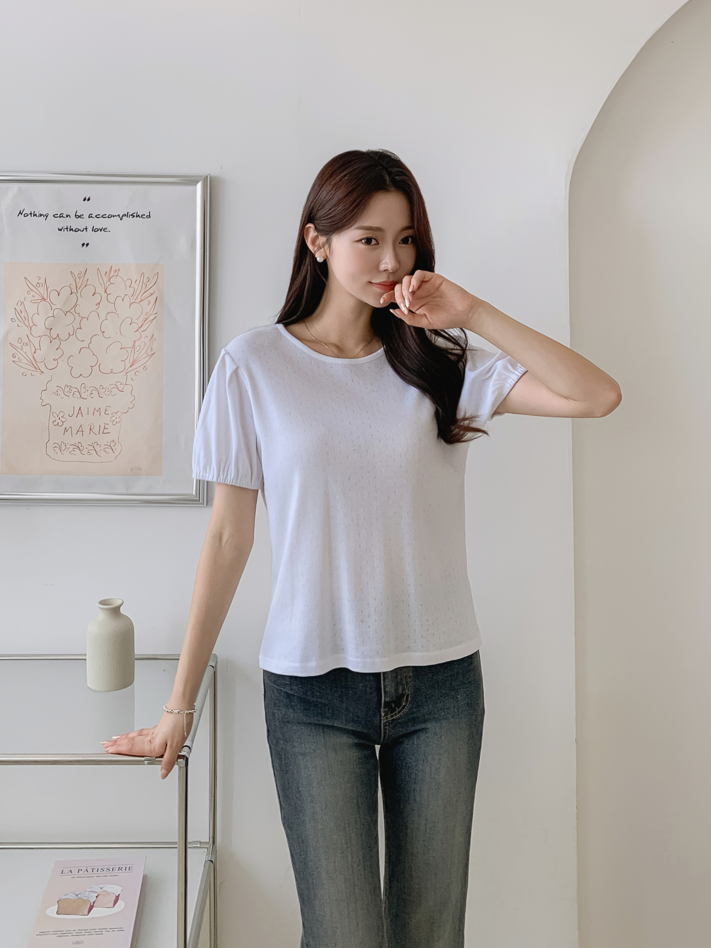 ソフトラウンドネックゴムパンチングスリム半袖Tシャツ | 詳細画像2