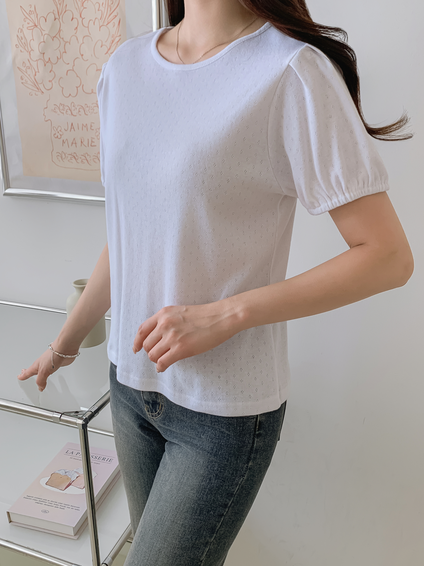 ソフトラウンドネックゴムパンチングスリム半袖Tシャツ | 詳細画像9