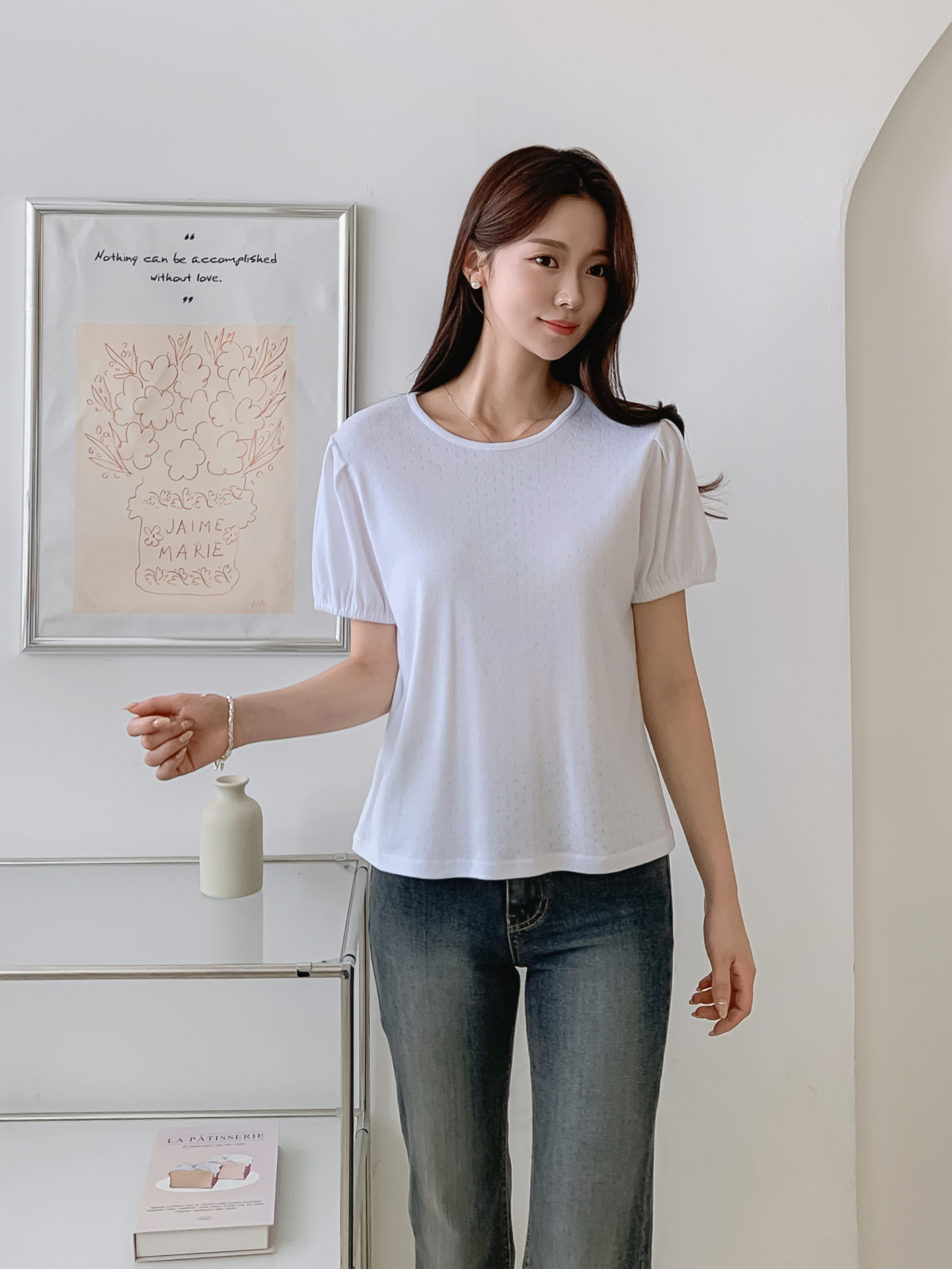 ソフトラウンドネックゴムパンチングスリム半袖Tシャツ | 詳細画像3