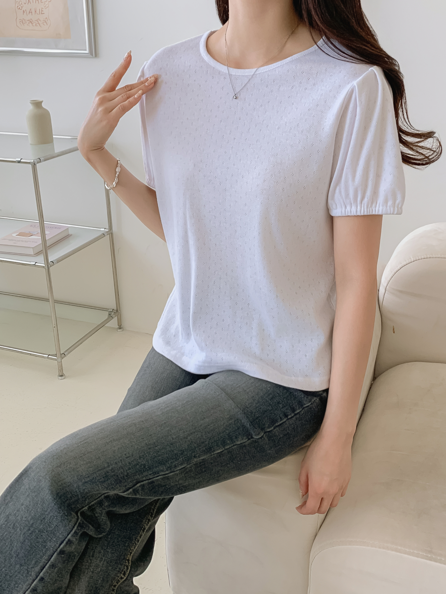 ソフトラウンドネックゴムパンチングスリム半袖Tシャツ | 詳細画像13