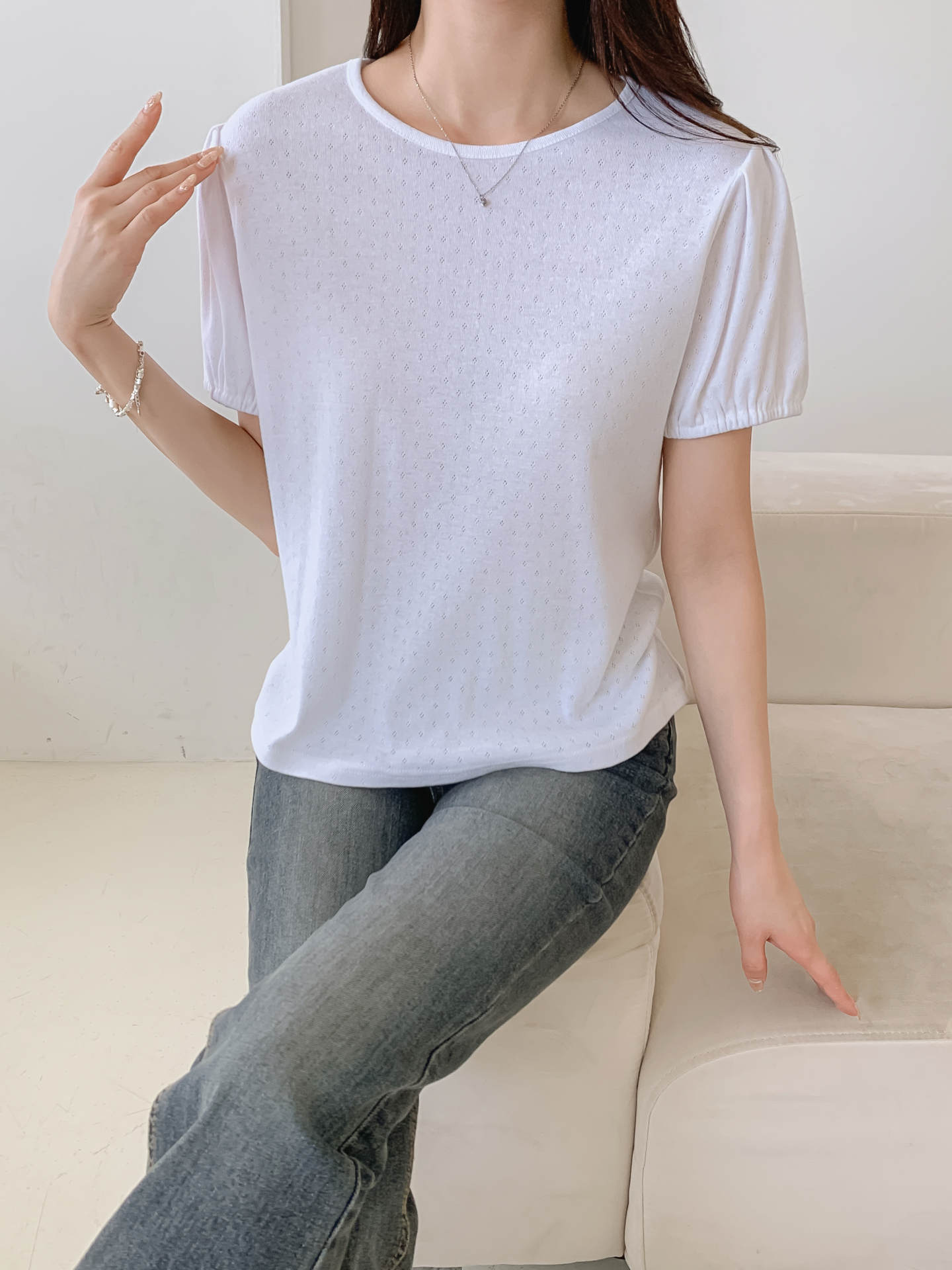 ソフトラウンドネックゴムパンチングスリム半袖Tシャツ | 詳細画像14