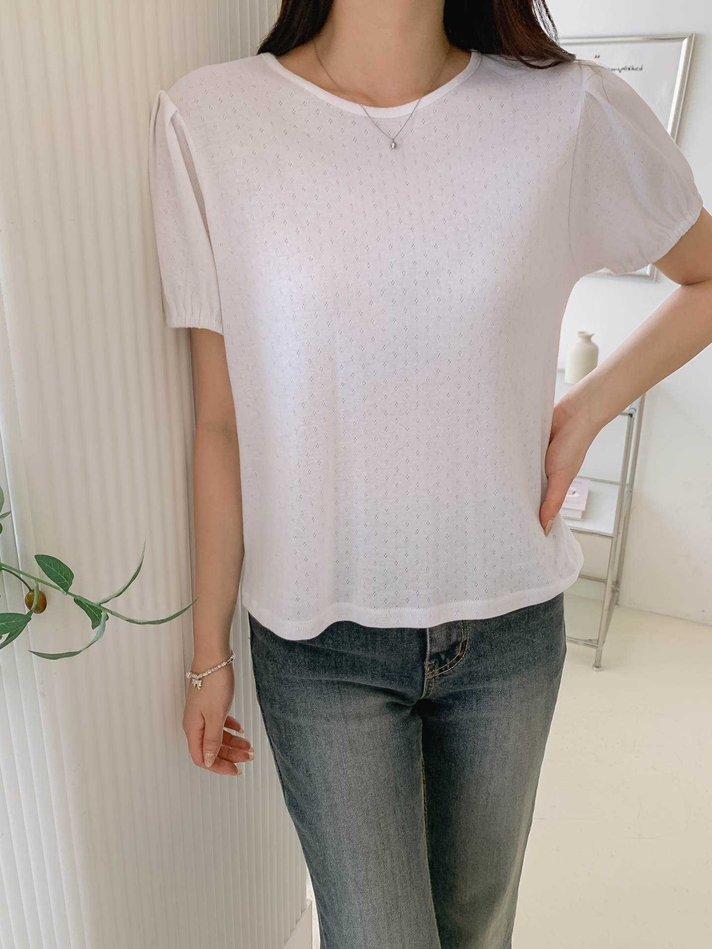 ソフトラウンドネックゴムパンチングスリム半袖Tシャツ | 詳細画像16