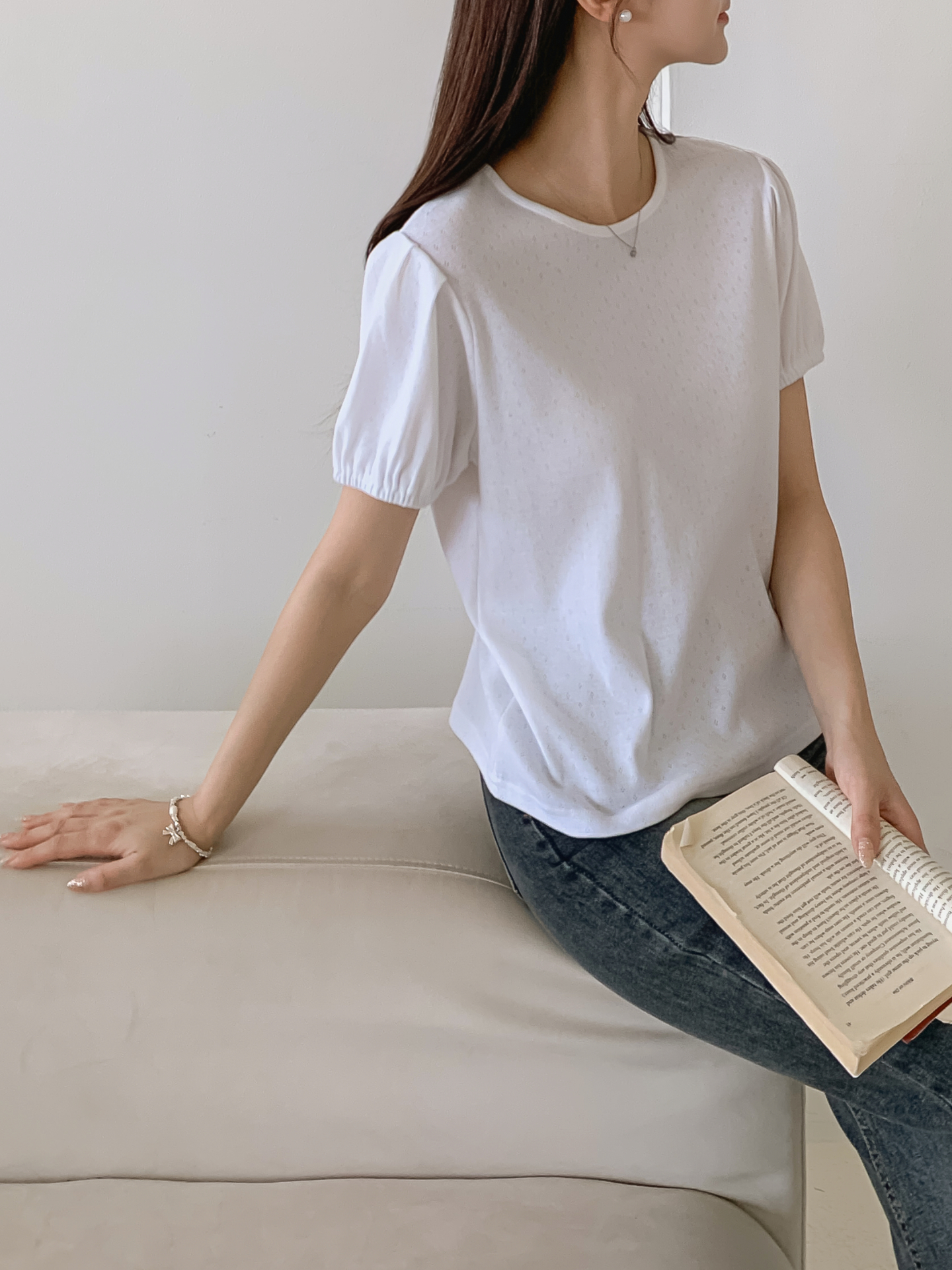 ソフトラウンドネックゴムパンチングスリム半袖Tシャツ | 詳細画像18