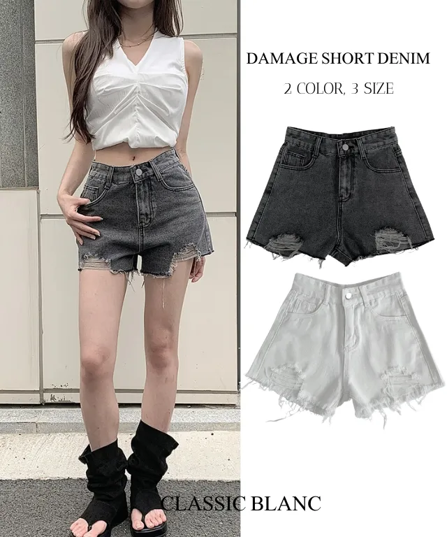 Aラインカットショートダメージデニムパンツショートパンツ | classicblanc | 詳細画像1