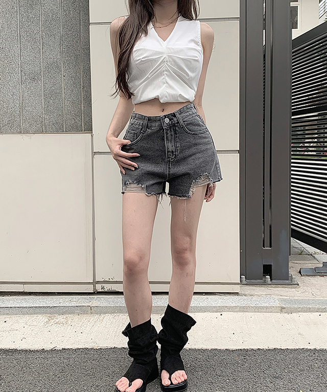 Aラインカットショートダメージデニムパンツショートパンツ