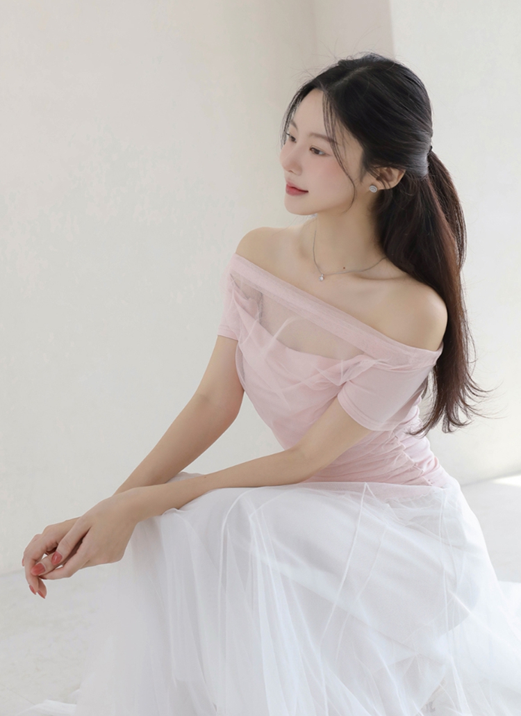 シースルードレープオフショルダー半袖Tシャツ | レディース