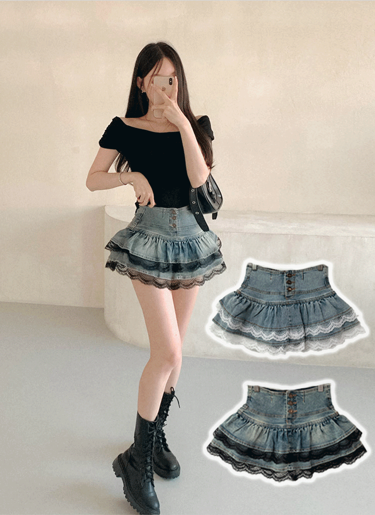 デニムボタンティアードレイヤード風フレアミニレーススカートパンツ