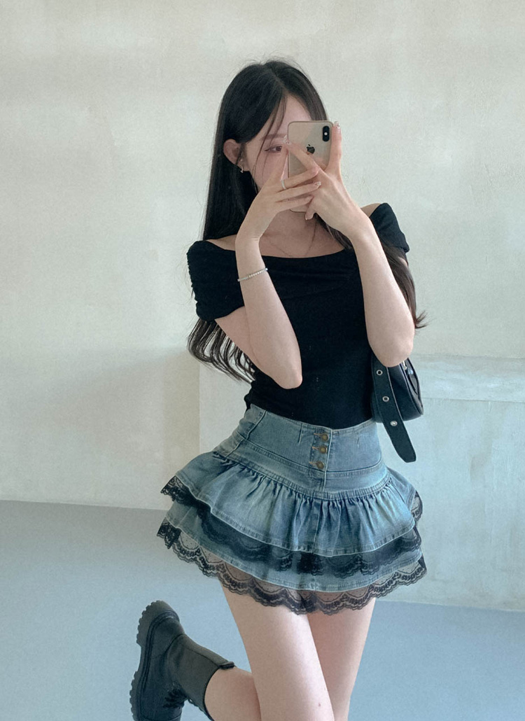 デニムボタンティアードレイヤード風フレアミニレーススカートパンツ