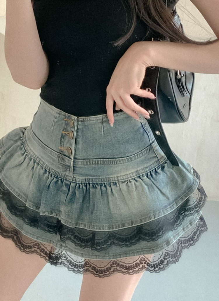 デニムボタンティアードレイヤード風フレアミニレーススカートパンツ