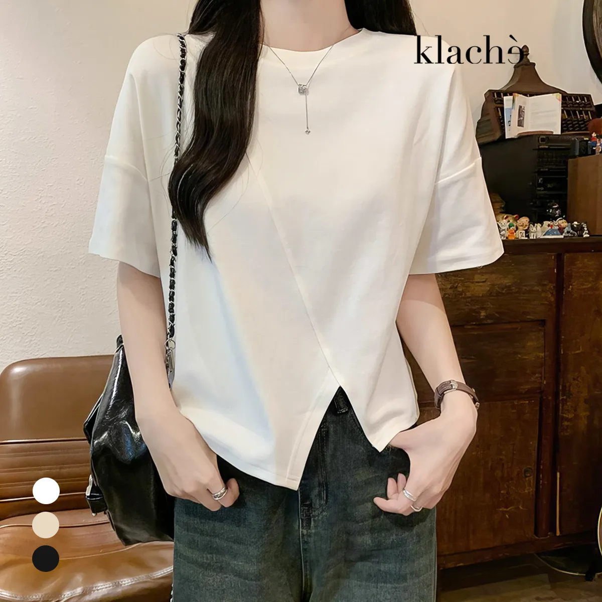 ラインスリットラウンドネック半袖カラーTシャツ | KLACHE | 詳細画像1