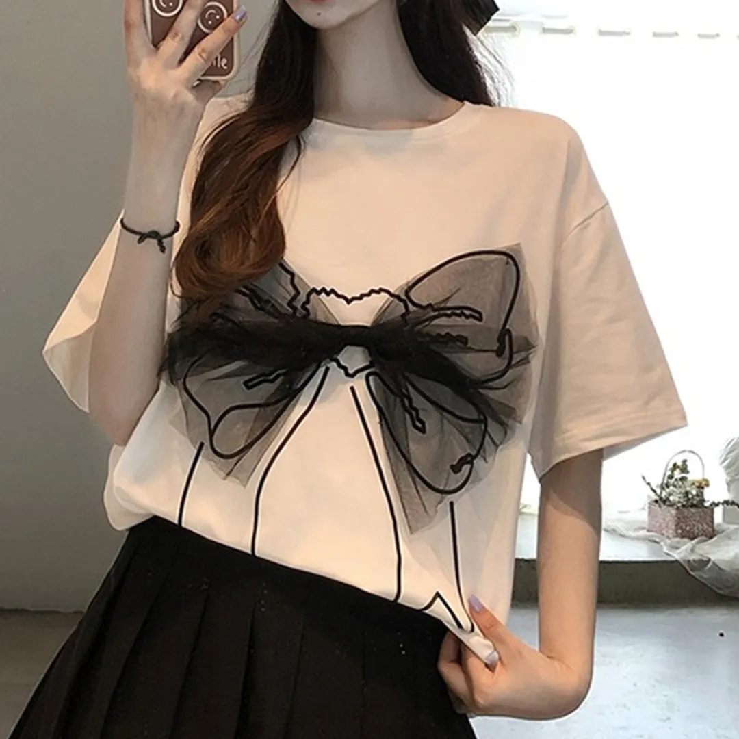 半袖ラウンドネックレースプリントリボン柄Tシャツ | KLACHE | 詳細画像1
