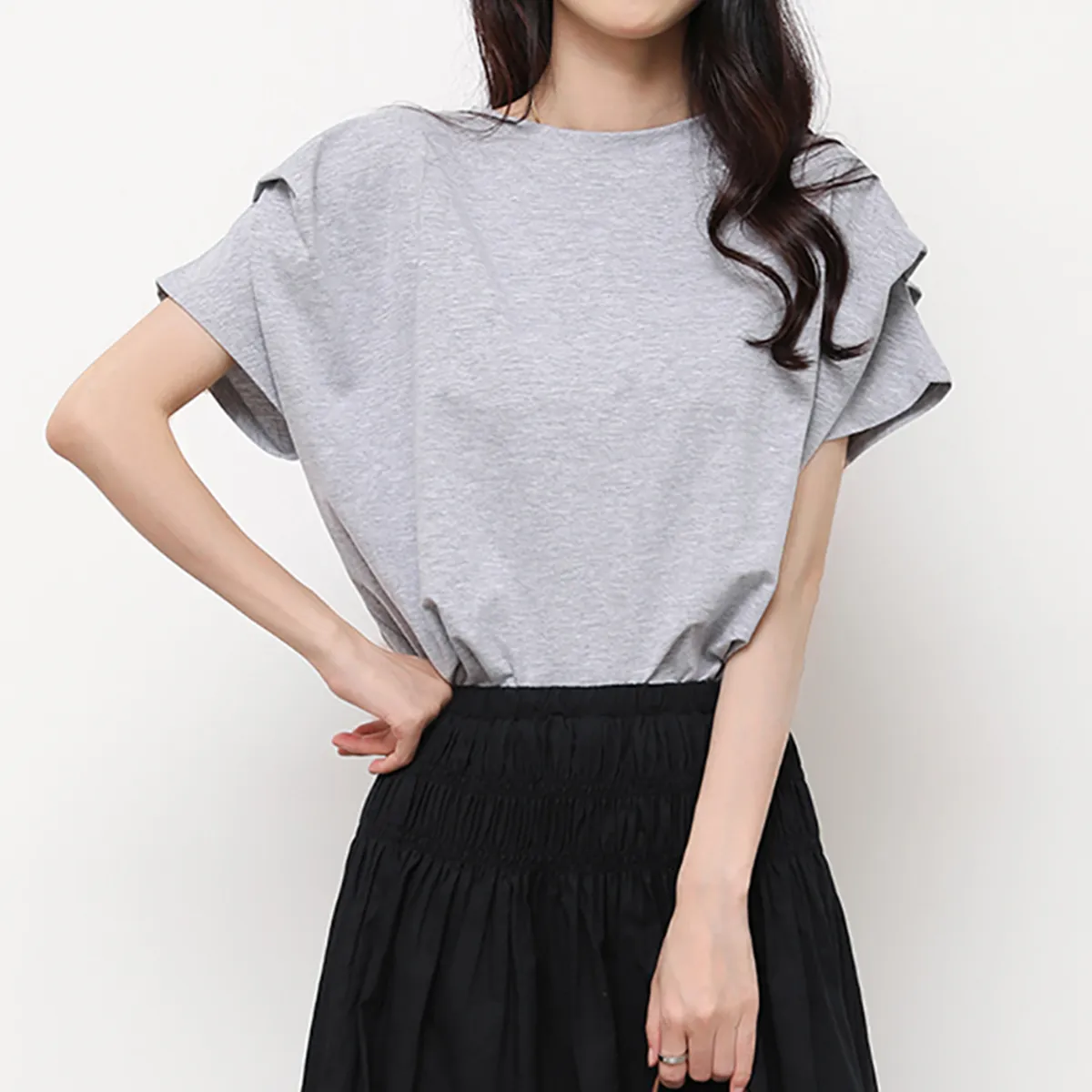 ラウンドネックピンタック無地ボーダーTシャツ | KLACHE | 詳細画像1