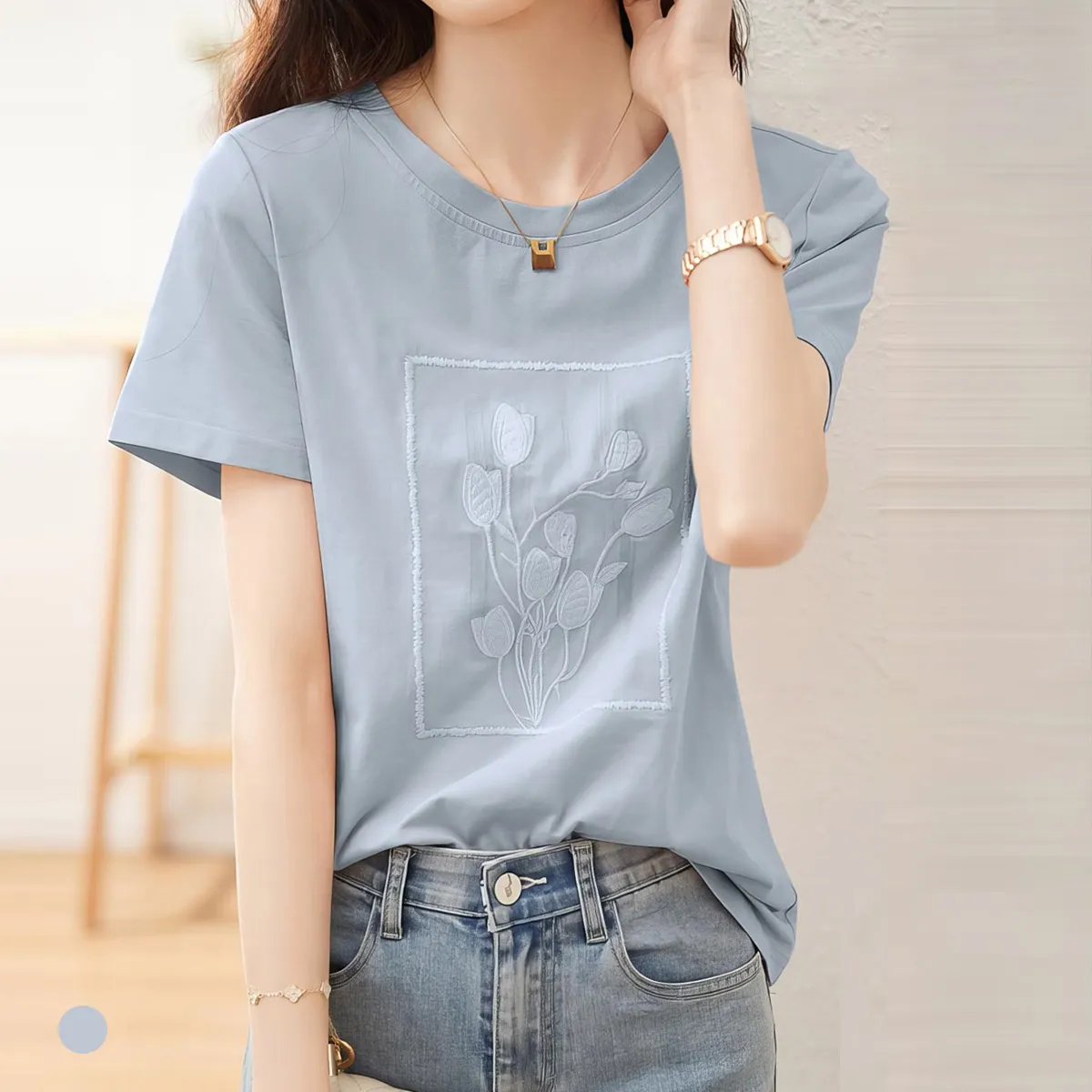 ラウンドネックルーズ半袖刺繍カラーTシャツ | KLACHE | 詳細画像1