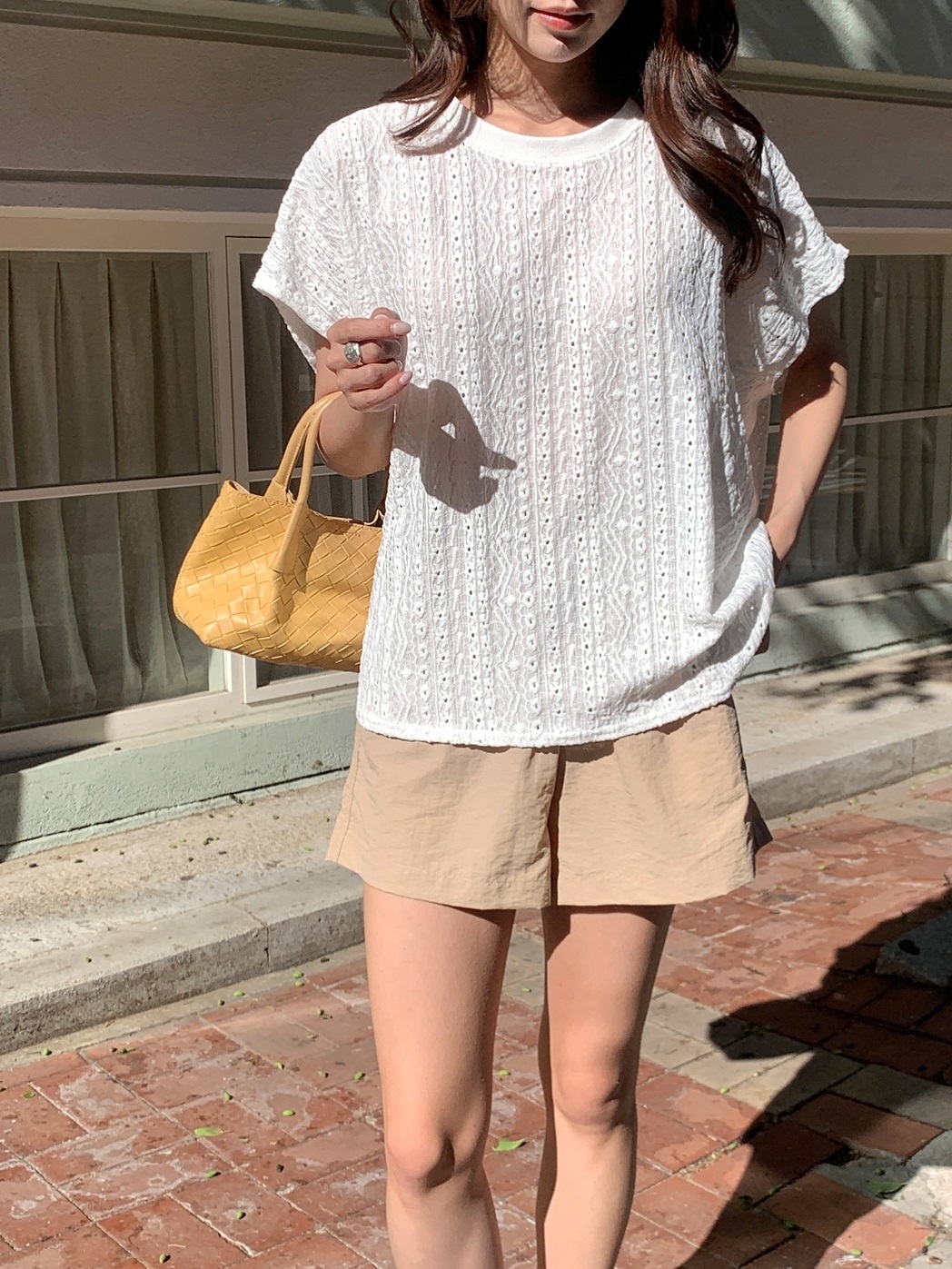 ジャガードアイレットレースラウンドネックスリット半袖Tシャツ | 詳細画像11