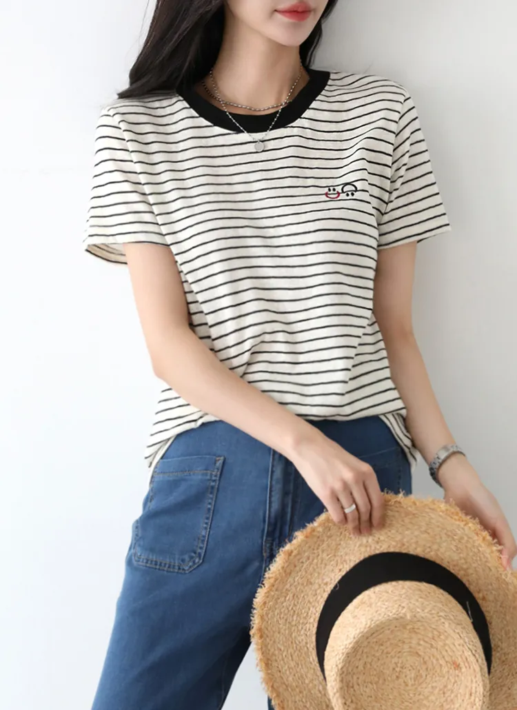 ラウンドネック刺繍ボーダーTシャツ | pippin | 詳細画像1