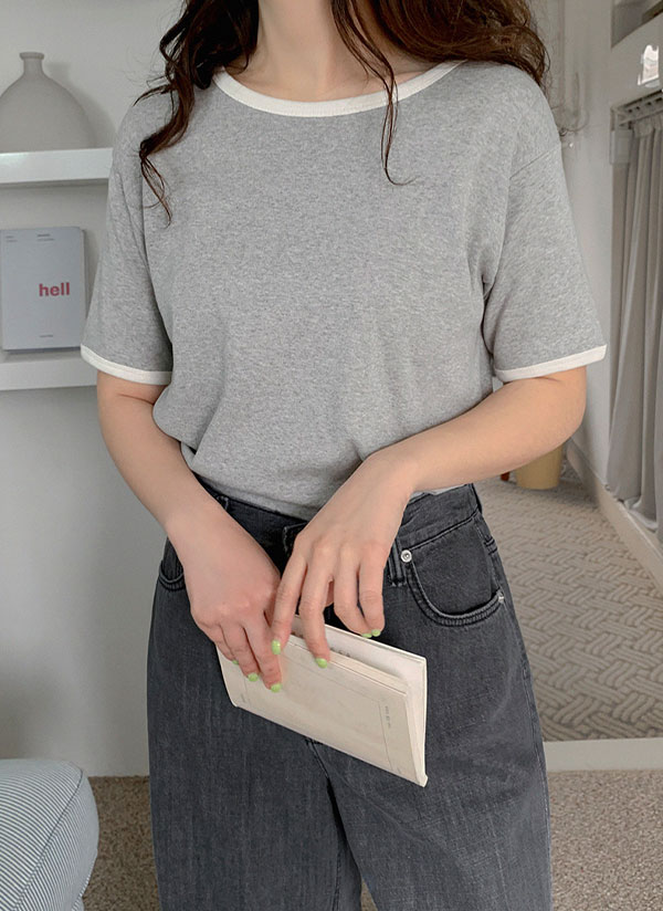 コットンラウンドネッククロップド配色Tシャツ | レディース